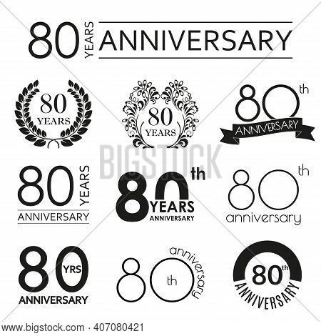 80 Years Anniversary Icon Set. 80th Anniversary Celebration Logo. Design Elements For Birthday, Invi