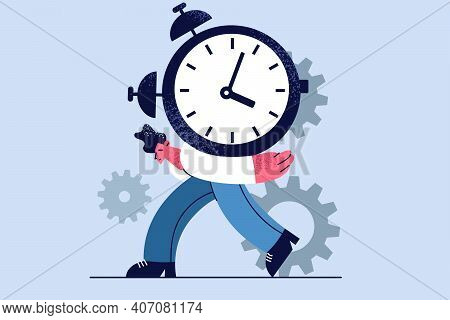 Time Pressure, Overload, Work Burnout Concept. Young Stressed Businessman Carrying Big Heavy Clock O