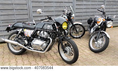 Bordeaux , Aquitaine France - 02 05 2021 : Triumph T100 Oldtimer Bonneville And Royal Enfield Gt Int