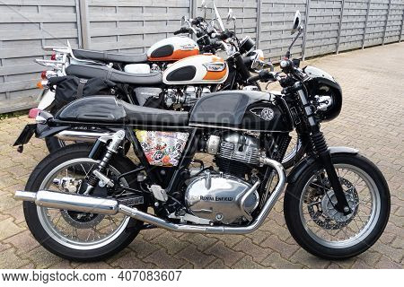 Bordeaux , Aquitaine France - 02 05 2021 : Triumph Bonneville T100 And Royal Enfield Gt Continental 