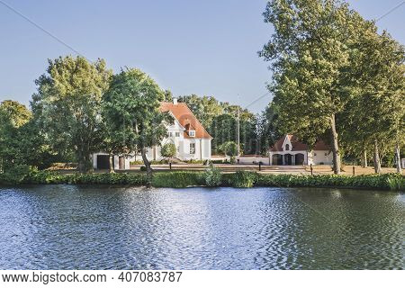 Viborg, Denmark, August 2018: Mansion On The River Bank In Denmark