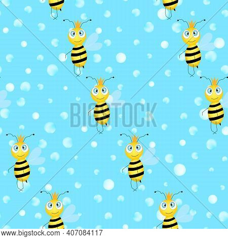 Seamless Pattern With Bees On Blue Polka Dots Background. Adorable Cartoon Wasp Character. Template 