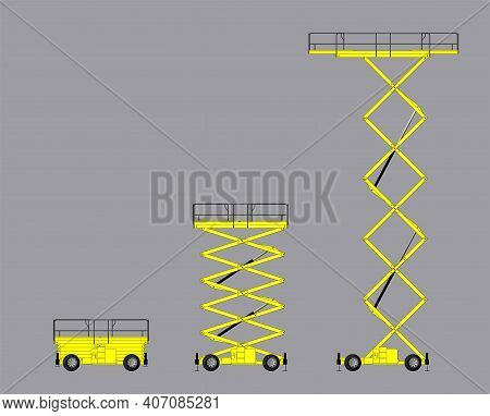 Set Of Scissors Lifting Platform Isolated On White Background. Hydraulic Lift. Vector Illustration.