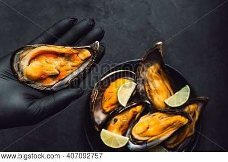 Large Mussels In A Hand In A Black Glove. Close Up. Top View.