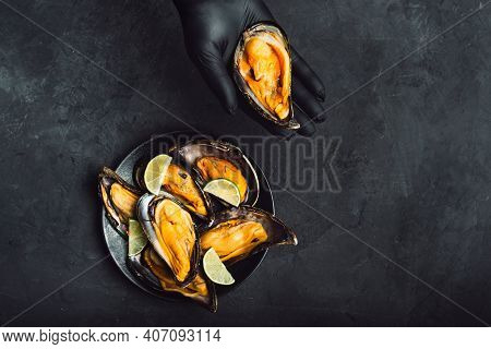 Large Mussels In A Hand In A Black Glove. Close Up. Top View.