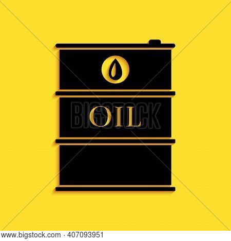 Black Oil Barrel Icon Isolated On Yellow Background. Oil Drum Container. For Infographics, Fuel, Ind