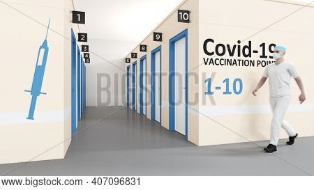 Corona virus vaccination center with walking in nurse. 3D illustration