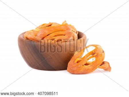 Mace In A Wooden Bowl, Isolated On White Background. Nutmeg Flower, Myristica Fragrans. Natural , As