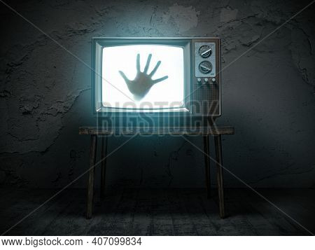 Horror scary movie concept. Hand of ghost on screen of vintage tv in haunted house. 3d illustration