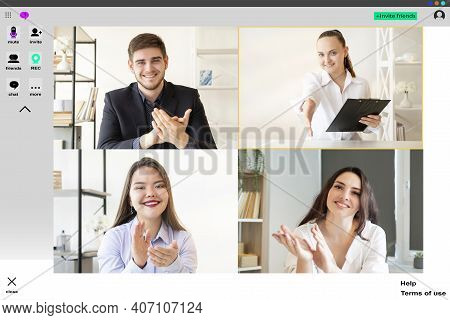 Video Chat. Web Conference. Group Telework. Online Presentation Wfh. Professional Team Applauding Gr
