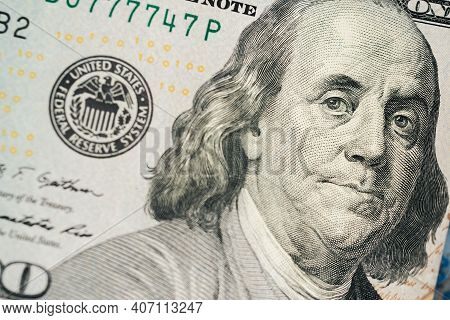 Close Up Of Hundred Dollar Bill. Macro Close Up Of Ben Franklin. 100 Dollar Bill. Financial Concept.