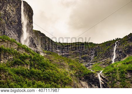 Kjelfossen Waterfalls Kjell Falls Seen From Gudvangen Village, Sogn Og Fjordane, Norway. Waterfall I