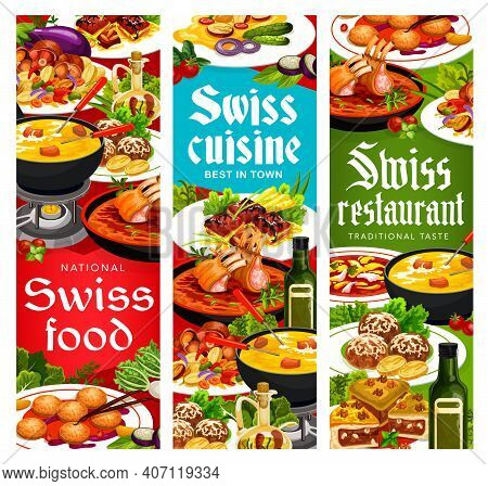 Swiss Cuisine Vector Busseco Soup, Raclette With Potatoes And Sable Breton Cookies With Cheese Fondu