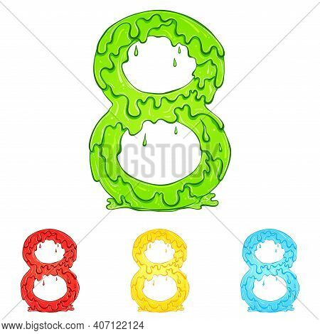 Number 8 With Flow Drops And Goo Splash. Color Illustration Of The Symbol Eight In Four Colors Green