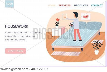 Housework Landing Page Template With Man Proprietor Standing On Bed In Bed Room Does Cleaning. Stay 