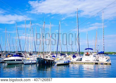 PULA, CROATIA - SEPTMBER 18, 2020: Summer viewof the adriatic sea harbour of Pula, Croatia, Europe