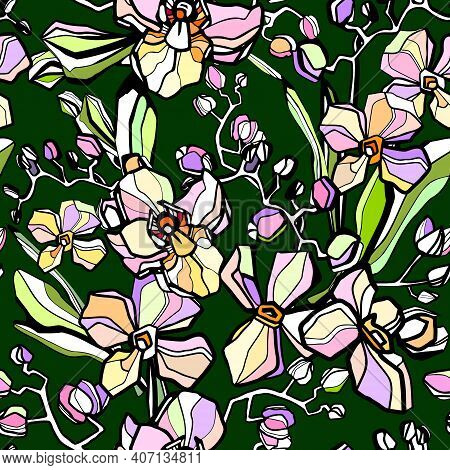 Floral Seamless Pattern. Flower Background. Flourish Garden Texture With Orchid. Stock Vector Illust