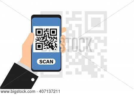 Smartphone In Hand Scan Qr Code. Qrcode On Phone Camera. Vector Flat Illustration.