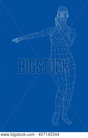 Wireframe Ballerina Or Dancer In Dance Pose. Female Dancing Salsa. Vector 3d Rendering