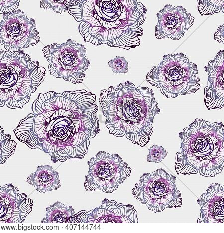 Seamless Pattern With Purple Flowers Roses. Linear Art. Floral Texture Background. Stock Vector Illu