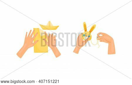 Hands Folding Paper And Sewing Stuffed Toy As Handmade Craft Vector Set