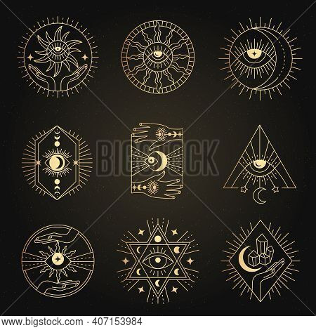 Occult Emblems. Meditation Alchemy Mystical Esoterism Magic Symbols Recent Vector Geometrical Line F