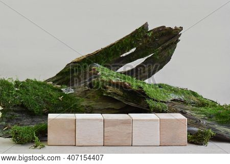 Podium For Product Presentation. Minimalistic Cubes Made Of Wood . A Scene With Geometric Shapes. Pr