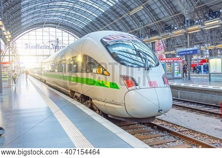 Deutsche Bahn Ice 3 Train Stopping At Platform Hauptbahnhof Central Station. Germany, Frankfurt Am M