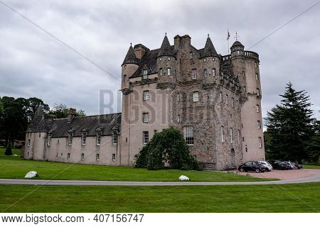 Inverurie, Scotland - August 10, 2019: The Ancient Castle Fraser In Sauchen, Inverurie, Scotland Wit