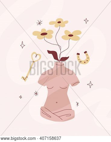 Female Antique Torso With No Hands And Flowers Growing From The Neck. Modern Vintage Surreal Concept