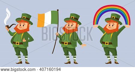 Leprechaun In Different Poses. Fictional Character In Cartoon Style.