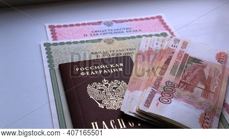 Maikop, Adygea Republic, Russia - February 6, 2021: A Large Amount Of Money In Rubles Lying On Top O