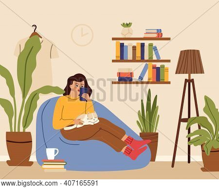 Girl Relaxed. Woman Home, Cat Sleep On Knee. Young Female Using Smartphone In Living Room. House Gar