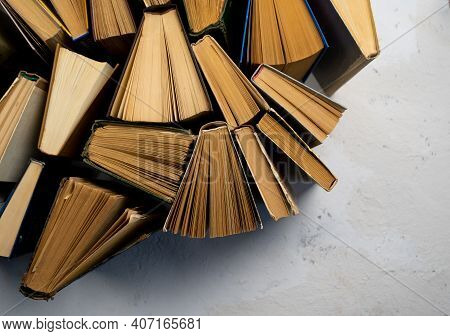 Book Background. Old Books In The Library. Bookshelf Shop. Knowledge, Publications, Literature. Book