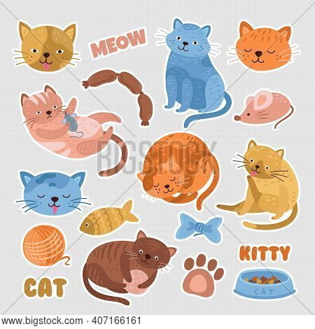 Cat Stickers. Funny Cats, Kitten Badge Or Patch With Cute Elements. Cartoon Characters, Pet Label Fo