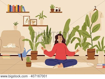 Girl Relaxed In Home Garden. Recreation Time, Young Happy Female Character And Plants In Pots. Woman