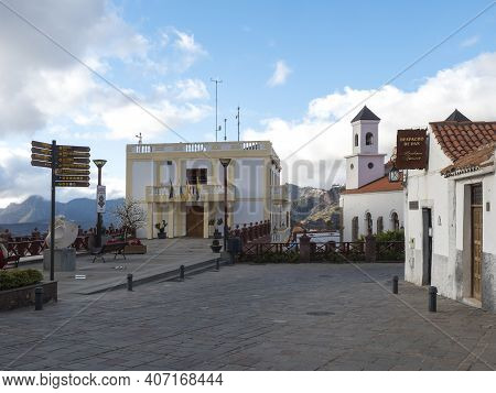 Tejeda, Gran Canaria, Canary Islands, Spain December 15, 2020: Main Street In Tejeda With Church Nue