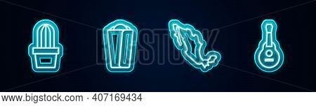 Set Line Cactus Or Succulent In Pot, Burrito, Map Of Mexican And Mexican Guitar. Glowing Neon Icon. 