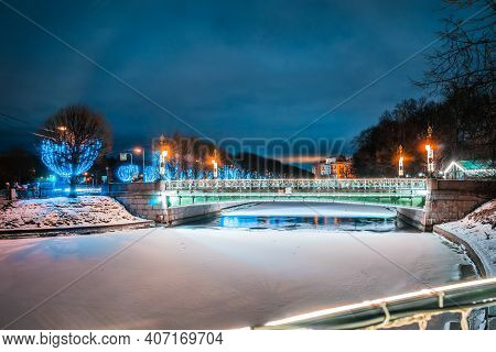 View Of The Second Sadovy Bridge In Winter St. Petersburg. Holiday Illumination In The City.