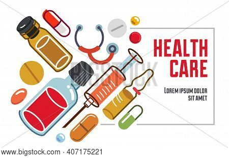Pharmacy Apothecary Drugstore Flyer, Big Composition Set Of Medicaments Vector Flat Illustration Iso