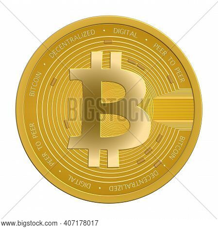 Illustration Of Gold Bitcoin Coin On White Background. Economical Stock Market Graph.