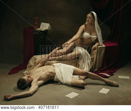 Touch. Modern Remake Of Classical Artwork - Young Medieval Couple On Dark Background, Golden Colored