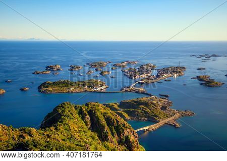 Village Of Henningsvaer Viewed From Mount Festvagtinden. Henningsvaer Is A Fishing Village Located O