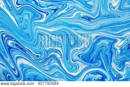 Free Flowing Blue And White Acrylic Paint. Random Waves And Curls. Abstract Marble Background Or Tex