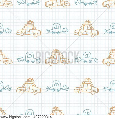 Cute Crayon Scribble Car Kid Doodle Background. Hand Drawn Earthy Whimsical Motif Seamless Pattern. 