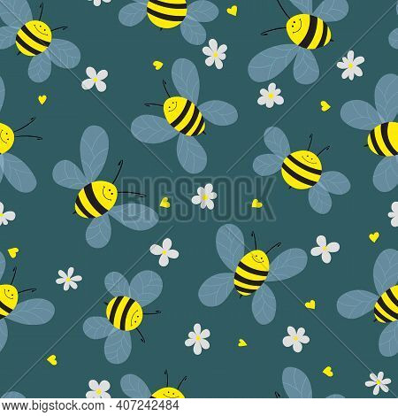 Seamless Pattern With Bees And Flowers On Blue Background. Adorable Cartoon Wasp Characters. Templat
