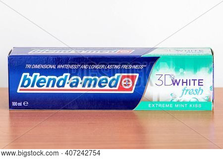 Pruszcz Gdanski, Poland - February 4, 2021: Blend-a-med 3d White Fresh Toothpaste.