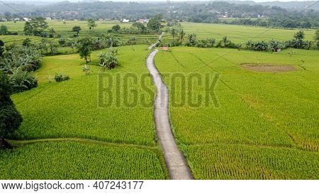 Aerial View Of Rice Fields On Terraced Of Cariu With Noise Cloud After Rain, Bogor, Indonesia. Indon