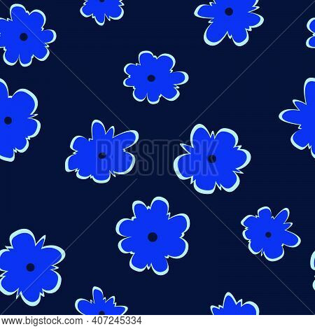 Seamless Vector Pattern Of Blue Stylized Flowers On A Blue Background