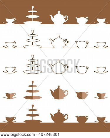 Tea Pot And Cup Simple Flat Icon Set. Vector Illustration Set. A Silhouette Of A Teapot, Milk Jug, C